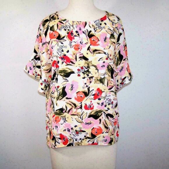 Ellen Tracy Shirt Large Floral Short Flutter Sleeves Keyhole Womens Blouse Top - Picture 2 of 9